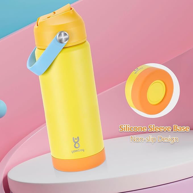 18oz Kids Insulated Water Bottle with Straw Lid & Silicone Handle,Kids Leak Proof Water Bottle for School Boys Girls,Double Wall Vacuum Stainless Steel with Non-slip Silicone Base(Yellow)