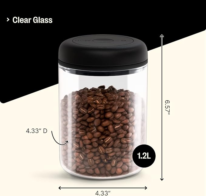 Fellow Atmos Vacuum Coffee Canister & Food Storage Container - 1.2 Liter Canister holds up to 16 oz of Coffee Beans - Airtight Food Storage Containers - Coffee Containers - 1.2 Liter - Clear Glass