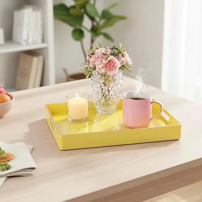 Zosenley Decorative Plastic Serving Tray with Handles, Modern Vanity Organizer for Bathroom, Kitchen, Ottoman and Coffee Table (Yellow, Rectangular)