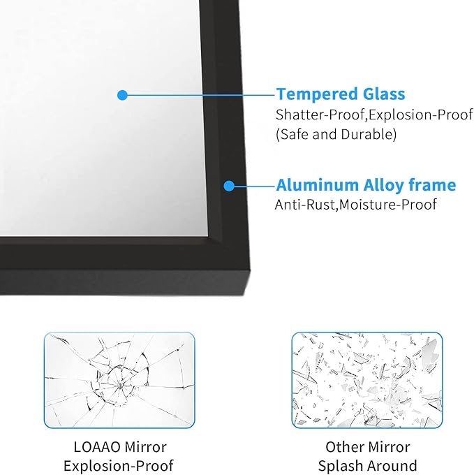 LOAAO 40"X36" Black Rectangle Bathroom Mirror Wall, Matte Black Aluminum Alloy Frame, Tempered Glass, Hangs Vertically or Horizontally, Easy to Install