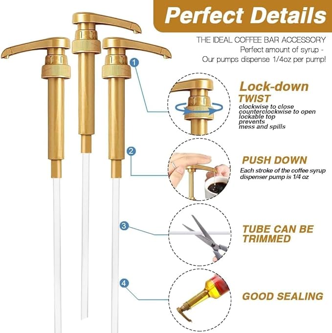 6 Pack Syrup Pumps Leak Proof Coffee Syrup Dispenser, Fits 25.4 Oz Coffee Flavoring Syrup Bottles, Great for Home & Coffee Bar Drinking Mixes, Cocktails, Beverage(Gold & Black)