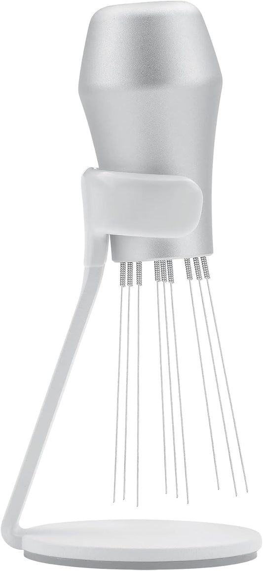 Normcore WDT Distribution Tool with Stand V3, 9 Prong Needle Espresso Stirrer, 18 Needles 0.25mm / 0.3mm Thick Spring Wires, Weiss Distribution Technique, Anodized Aluminum Handle, Silver