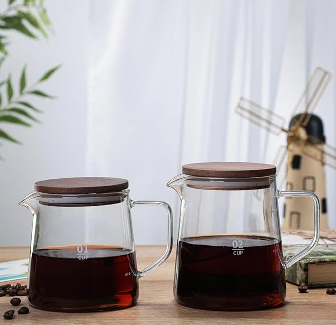 Elegant Clear Glass Creamer Coffee Milk Creamer Pitcher, Coffee Pot Serving Set with Handle and Wooden Lid-Smooth-10 OZ