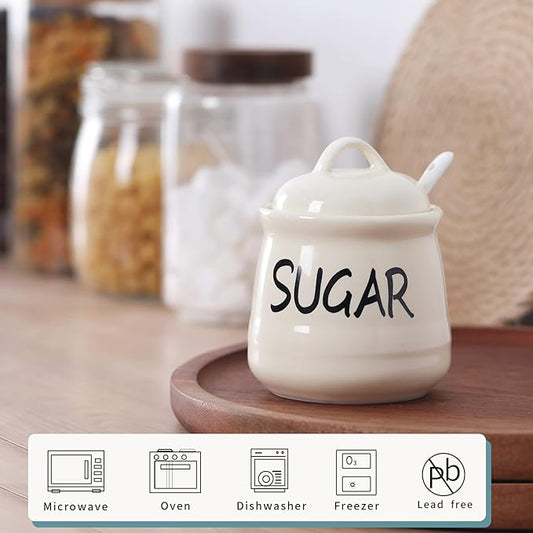 HAOTOP Porcelain Sugar Bowl with Lid and Spoon 12oz (Beige)