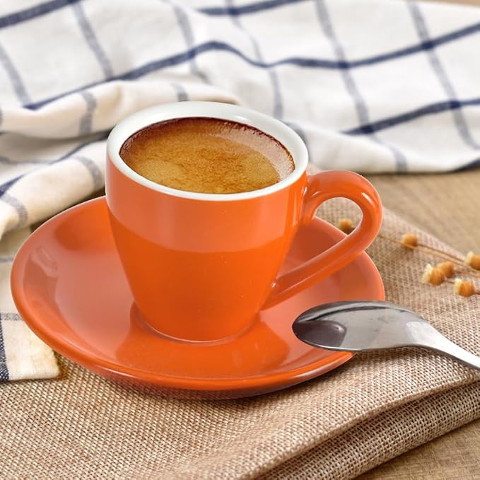 ionEgg Porcelain Espresso Cup with Saucer And Stainless Steel mini Spoons, Espresso shot Cup, 80ml/2.7Oz, Pack of 2, Orange