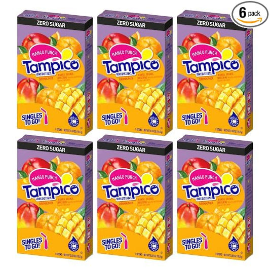 Tampico Singles To Go Drink Mix Packets, Mango Punch, Zero Sugar, Low Calorie, 100% DV of Vitamin C per Serving, Convenient, On-The-Go Water Enhancers, 6 Count (Pack - 6)