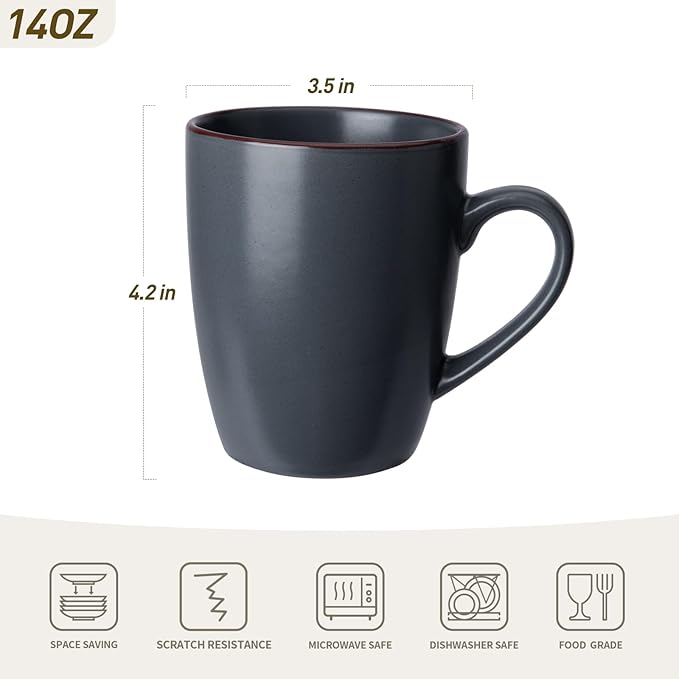 famiware Venus Coffee Mugs for 4, 12 oz Mug Set, Dringking Cup with Handle for Coffee, Tea, Cocoa, Milk, Charcoal