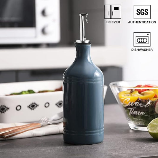 Sweejar Ceramic Olive Oil Dispenser Bottle, Opaque Oil Cruet Protects to Reduce Oxidation, Suitable for Storage Vinegar, Coffee Syrups & Other Liquids, Pack of 1, 15.5 Fl Oz (Fog Blue)