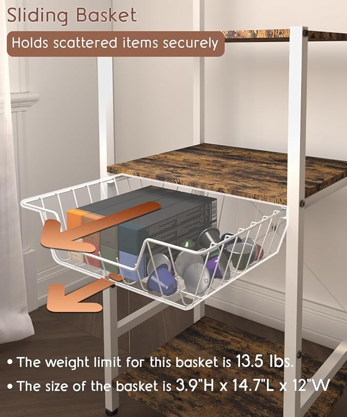 4 Tier Coffee Bar Station, Corner Bakers Rack with 5 Hooks & Wire Basket, Coffee Maker Stand for Small Space, Kitchen Storage Shelf for Entryway, Living Room, Café, White, 16.5"x13"x47.8"