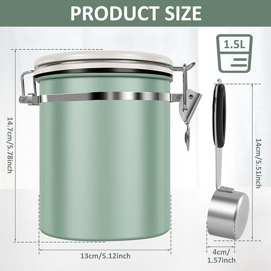 2PCS Coffee Storage Canister 1.5L 51OZ Double Airtight Coffee Beans Container with Date Locator 304 Stainless Steel Kitchen Food Storage Container with Spoon For Coffee Beans Grounds Tea Sugar