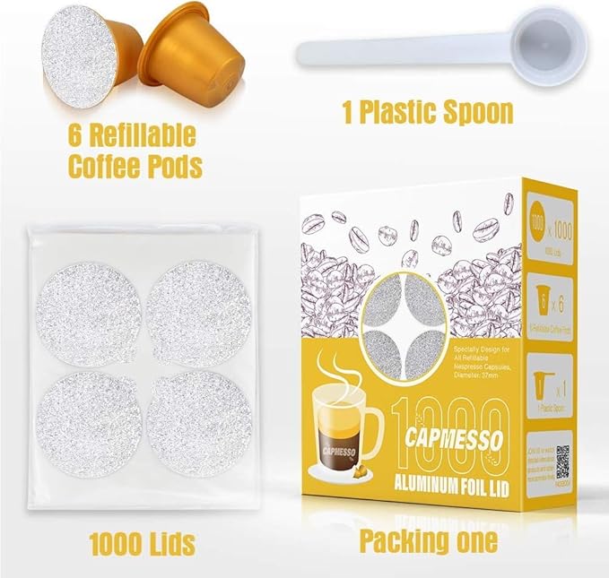 CAPMESSO Espresso Foils and Refillable Capsules-Seal Lids to Reusable Capsules Coffee Pod Compatible with Nespresso Original Line Machines (Silver -1000pcs Lids+6 pcs Pods)