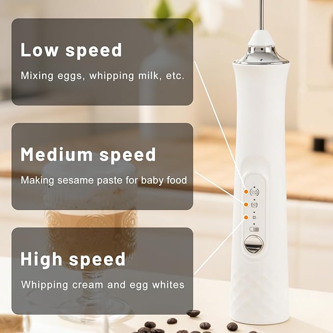 JFX Rechargeable Milk Frother Handheld with 3 Detachable, Rechargeable Coffee Frother Wand, 3 Speed Adjustable, Handheld Drink Mixer for Coffee, Lattes, Protein Shakes, Matcha, Egg with Storage Base