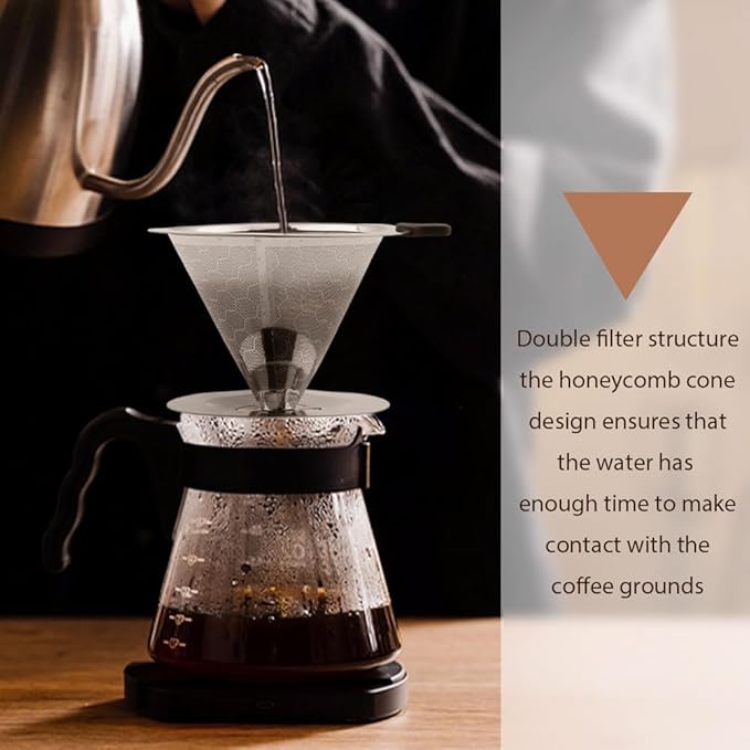 Pour Over Coffee Dripper, Double Mesh Coffee Filte-r Paperless Coffe-e Strainer Reusable Coffe-e Maker Dripper with Stand and Cleaning Brush(COLOR:Silver)