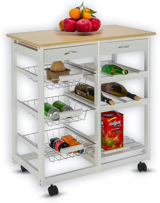 Kitchen Island Cart with Drawers, Lockable Wheels - Rolling Serving Utility Trolley - Mobile Countertop Open Shelf Storage Cabinet Basket for Dining Room, Coffee Bar (White)