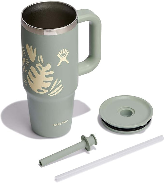 Hydro Flask Travel Tumbler with Handle, Lid and Straw - Insulated Stainless Steel in 24 Oz Botanical Bliss Agave