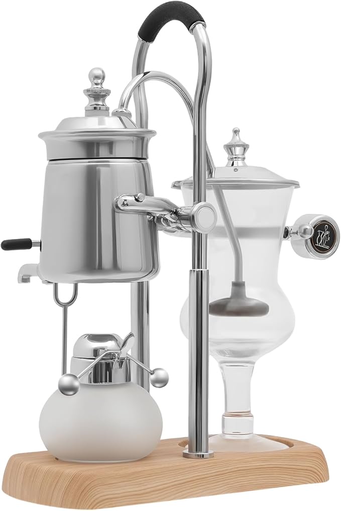 Coffee Maker - Belgium Royal Family Balance Syphon Coffee Syphon Vacuum Brewing System with Measuring Cup and Spoon and Plastic Filter Vintage Siphon Coffee Maker Silver