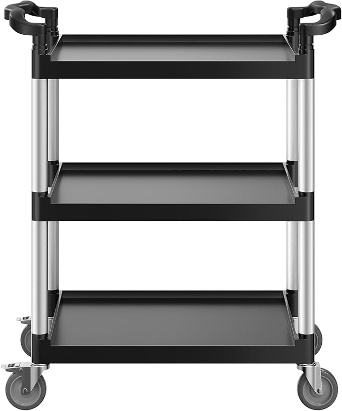 VEVOR Utility Cart, 300 lbs Load Capacity, 3-Tier Utility Plastic Cart with 360° Swivel Wheels (2 with Brakes), 24.4 x 16.1-inch Food Service Cart for Warehouse, Office, Home, Restaurant, Kitchen