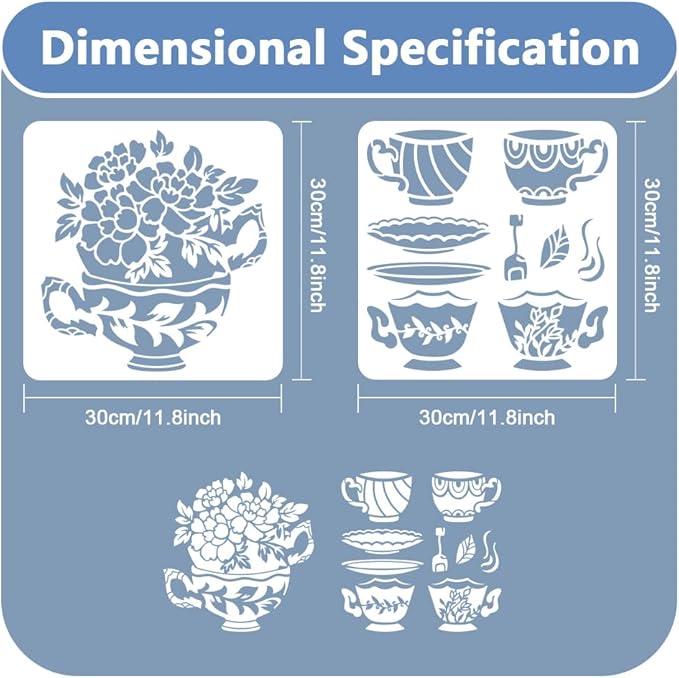 2sheet Coffee & Tea Cups Flowers Wall Stencils for Painting, 11.8"x11.8" Cup Plate Reusable Stencils for Kitchen, Paint Templates DIY Craft Art Stencils on Wood Fabric Canvas Furniture Journal