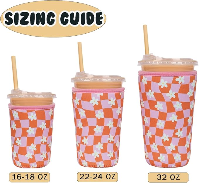 Reusable Insulated Neoprene Iced Coffee Cup Sleeve, Durable Drink Sleeve for Cold Beverages, Beverage Holder for Iced Coffee, Daisy Grid