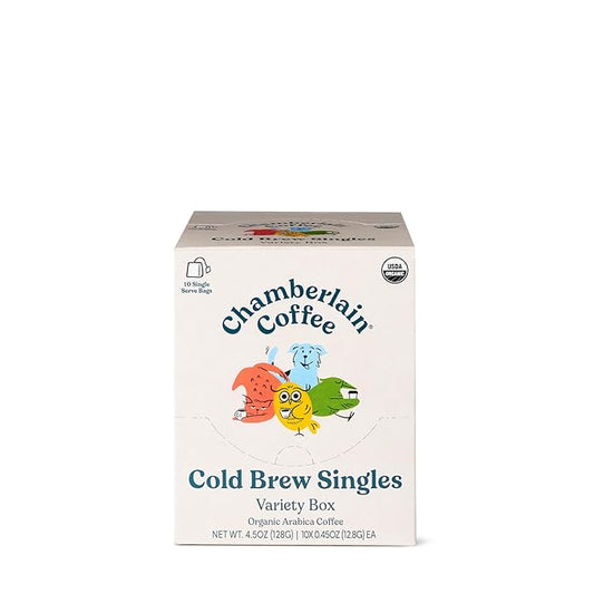 Chamberlain Coffee Cold Brew Variety Box – 10 Single Serve Bags w/Different Flavors for Cold Brew or Iced Drinks - Ideal for Summer Use, at Home, Camping, or Travel - Coffee Gift Set for Any Occasion