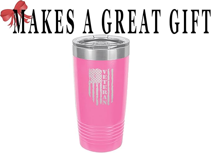 Rogue River Tactical USA Flag Veteran 20 Oz. Travel Tumbler Mug Cup w/Lid Vacuum Insulated Hot or Cold Military Vet Gift (Pink)