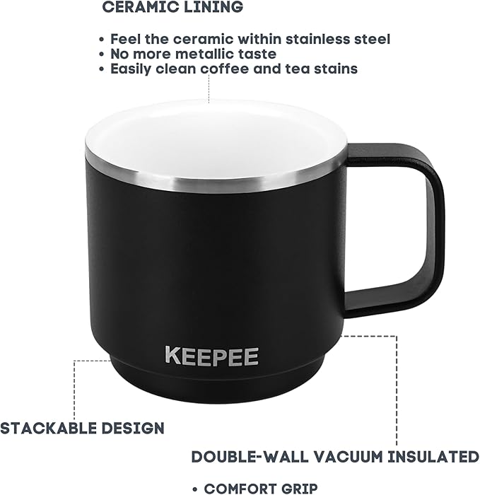4 oz Stackable Cup with Handle, Vacuum Insulated Espresso Coffee Cup with Ceramic Lining, Stainless Steel, 2 Pack, Black