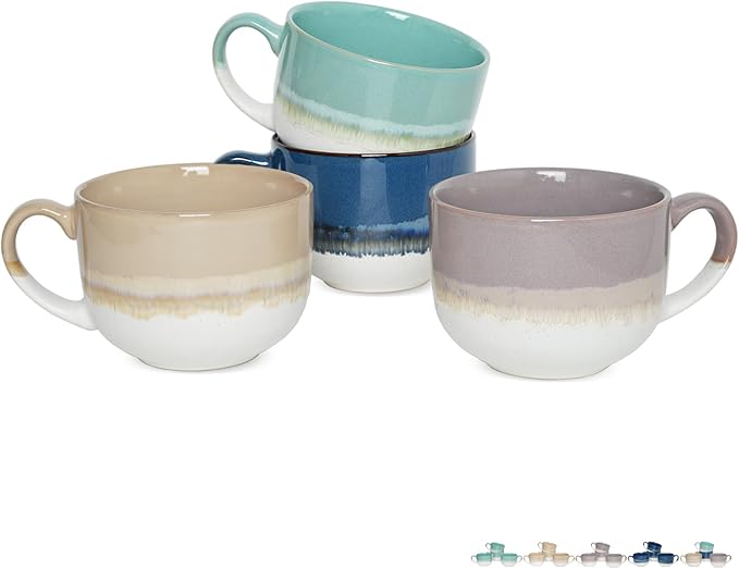 Bosmarlin Ceramic Coffee Mug Set of 4, 16 Oz, Jumbo Latte Mugs, Dishwasher and Microwave, Unique Reactive Glaze (Multicolor, 16 Oz)