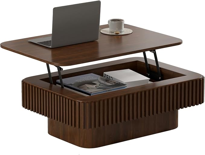 SZTHHDF Lift Top Coffee Table for Living Room,Rectangle Handmade Solid Wood Strips, Fluted Coffee Table with Hidden Storage Compartment Small Space Office Apartment (38.6" L×26.8''W×13.8''H-Walnut)