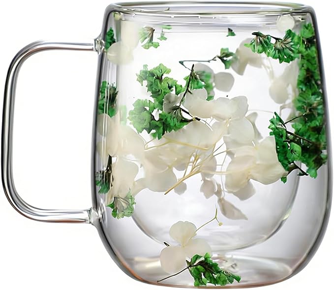 Dried Flowers Double Wall Insulated Coffee Mug, Borosilicate Glass Tea Cup with Real Flower Embedded, Heat Resistant Handle for Valentine's Day Birthday Gifts (green,8.45oz)