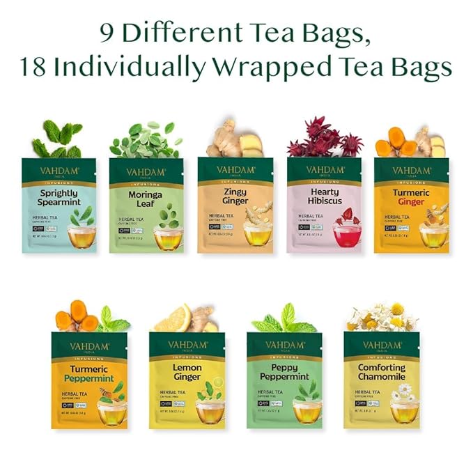 VAHDAM, Assorted Herbal Tea Sampler (18 Tea Bags, 9 Flavors) Caffeine-Free, Non-GMO | Double Infusion, Individually Enveloped Tea Bags | Herbal Tea Assortment | Valentines Day Gifts for Him & Her