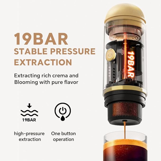 BENFUCHEN Portable Espresso Machine For Travel, USB-C Charging, Self-Heating Electric Espresso Maker, 19 Bar Mini Coffee Maker On the Go For Camping/Hiking, Ground Coffee & NESPRESSOpods (Light Gold)