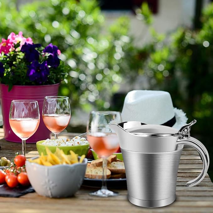 ShineMe Stainless Steel Gravy Boat Sauce Jug with Lid, 16oz Double Wall Insulated for Keeping Sauce Hot, Storage for Gravy or Cream, Apply for Home & Kitchen