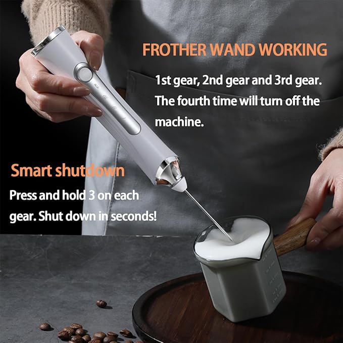 Rechargeable Milk Frother Handheld For Coffee,3 Speeds Frother Wand With Stand, Batidora De Mano Electrica,Coffee Frother With 2 Heads,Drink Mixer Electric Handheld,Kitchen Essentials (White)