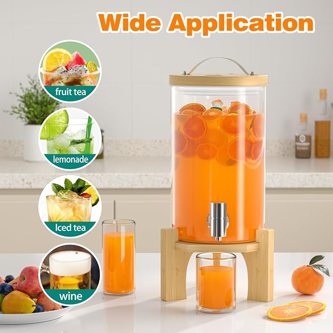 VOVUVK 1.2 Gallon Glass Drink Dispenser For Parties, beverage dispenser with Bamboo wood stand And Stainless Steel Spigot, Juice or lemonade dispenser Laundry Detergent Dispenser (2 PACK)