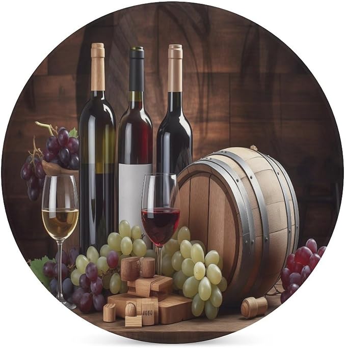 Red Wine Drink Coasters, Round Ceramic Drink Coaster Round-6PCS, Vintage Wood Style Red Wine Fruit Grapes Fruit Barware Decor Absorbent Ceramic Coasters for Beverage Cup, Bar, Coffee Table