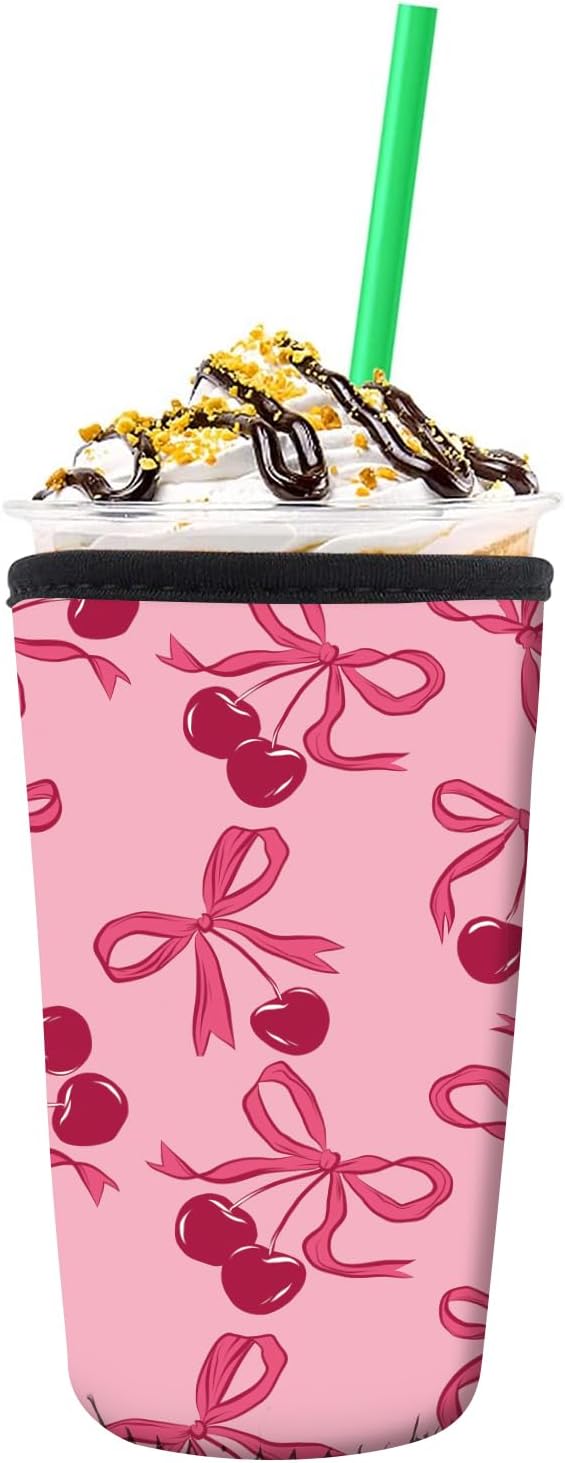 Reusable Neoprene Insulator Sleeve for Iced Coffee Cold Soda Cups, Cute Durable Drink Sleeve for Cold Beverages, Medium 22-28oz Cup Sleeve Cute Pink Bow