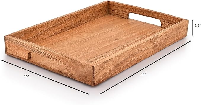 Samhita Acacia Wood Serving Tray with Handles,Wooden Tray, Snack Tray, Breakfast Tray, Great for, Breakfast, Coffee Tables, Homes, Restaurant|Size- 15" x 10" x 1.6"