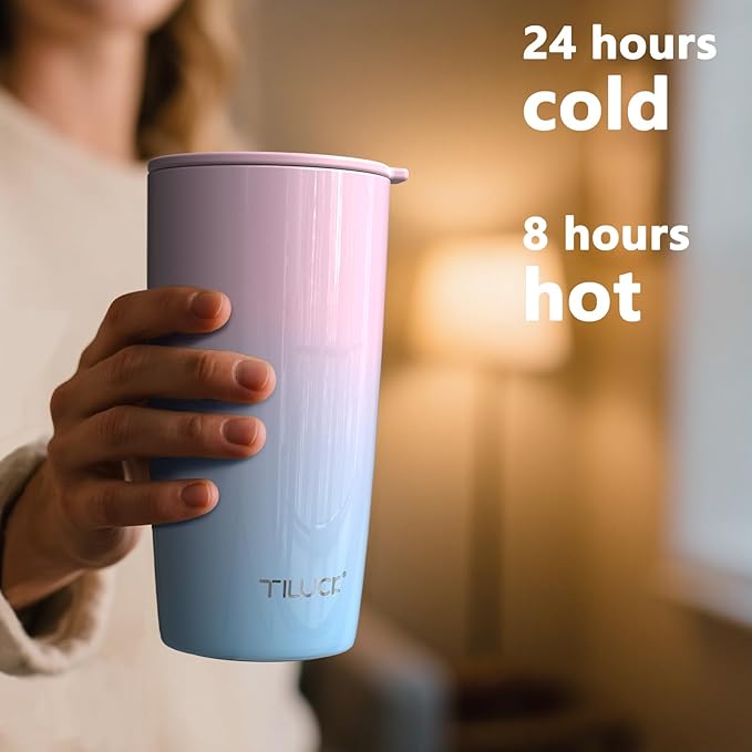 TILUCK 20 oz Tumbler with Lid, Vacuum Insulated Stainless Steel Coffee Mug, Double-Walled Travel Tumbler for Hot and Cold Drinks(PinkBlue, 20oz)
