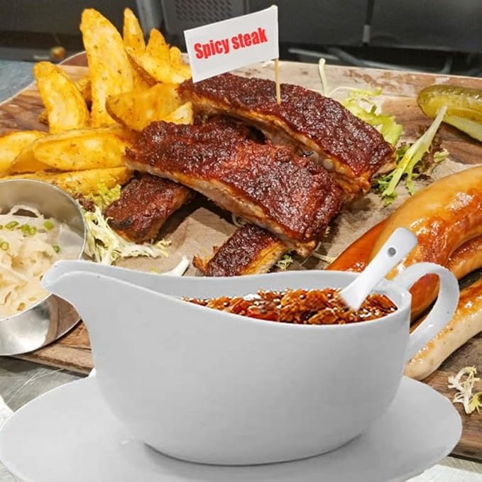 Qlans Gravy Boat With Ladle and Saucer 17 Oz,Ceramic Sauce Boat with Tray for Salad Dressings Milk,Warming Sauces,Creamer,Broth,Black Pepper,White (2 PCS New Gravy Boat With Ladle and Saucer)