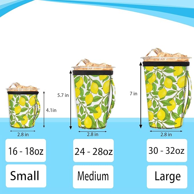 Lemon Reusable Insulator Coffee Sleeves for Drinks Beverages, Neoprene Holder with Handle for Most Coffee or Ice Drink, 24-28oz