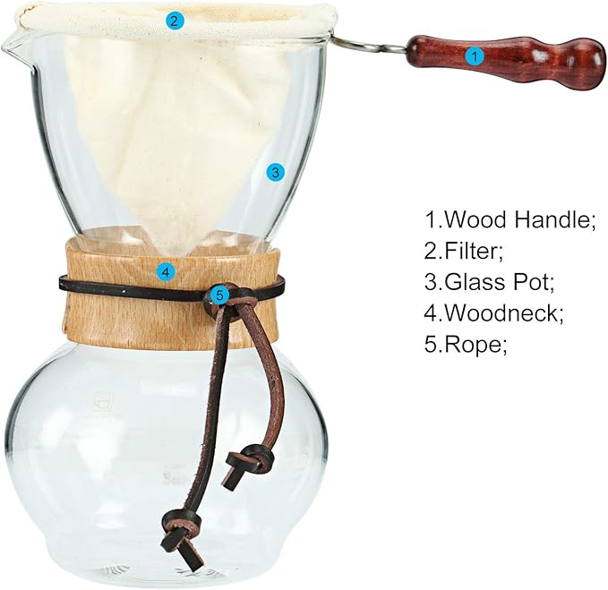 Homend Pour Over Coffee Maker 4-Cup, 16oz, 480ml with 2 Reusable Cloth Drip Filter & Wooden Collar Holder Heat Resist Glass Drip Coffeemaker, Hand Brew Dripper Carafe for Home Camping Travel
