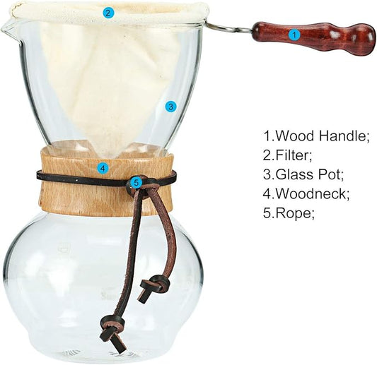 Homend Pour Over Coffee Maker 4-Cup, 16oz, 480ml with 2 Reusable Cloth Drip Filter & Wooden Collar Holder Heat Resist Glass Drip Coffeemaker, Hand Brew Dripper Carafe for Home Camping Travel