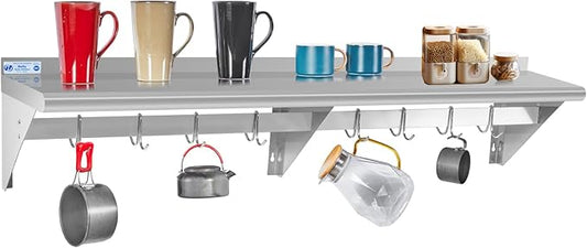 Hally Stainless Steel Shelf with 8 Hooks 14" x 60" Wall Mounted Pot Rack 400lb, NSF Commercial Floating Shelving for Storage Hanging Pots, Pans, cookware in Restaurant, Kitchen, Home and Hotel