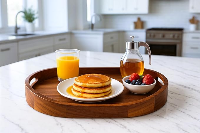 Acacia Wood Serving Tray with Handles, Premium Coffee Table Decor, 16.5”x12.5”, Oval Design, Breakfast in Bed, Decorative Ottoman Tray for Living Room, Serving Platter, Coffee Table, Candle Display