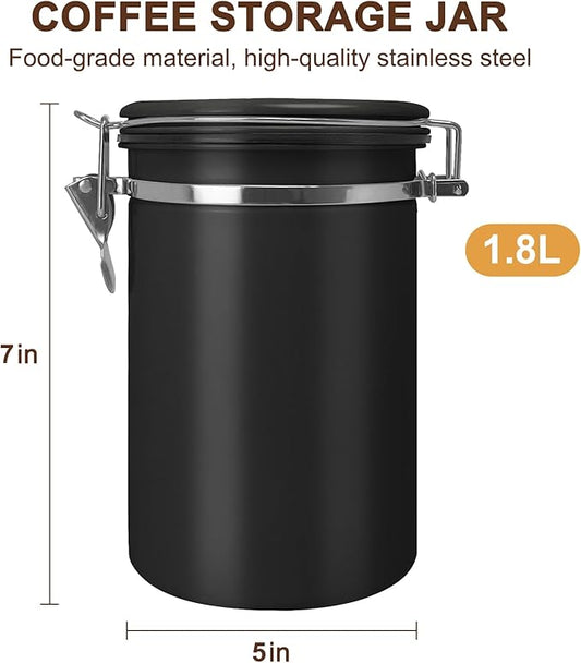 1.8L Airtight Vacuum Coffee Canister, Stainless Steel Storage Container for Coffee Beans and Grounds with Scoop.Suitable for coffee powder, coffee beans, rice, tea leaves, sugar, flour, and grains