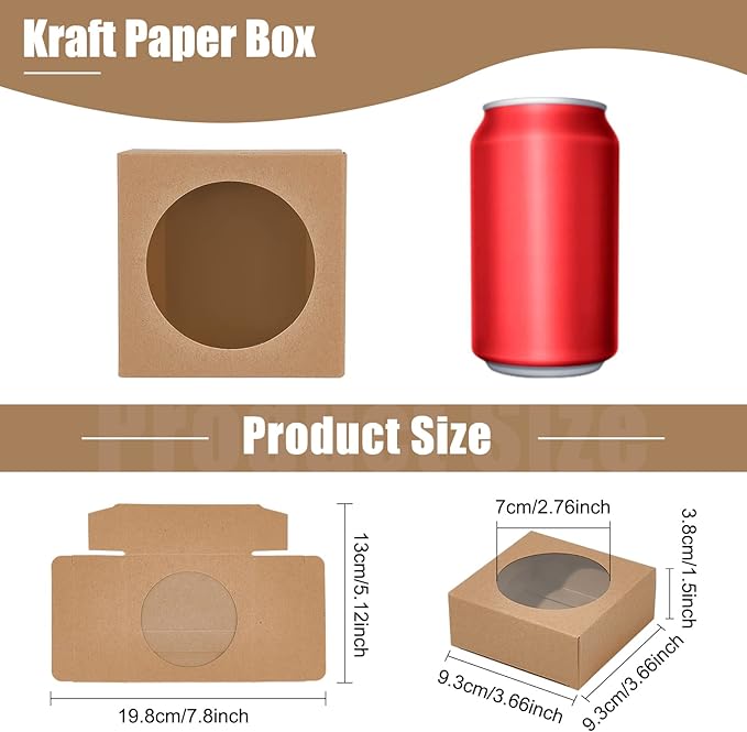BENECREAT 24 Packs 3.7x3.7x1.5inch Round Clear PVC Window Gift Boxes, Square Brown Kraft Present Packaging Boxes for Party Favor Treats, Bakery, and Jewelry Packaging