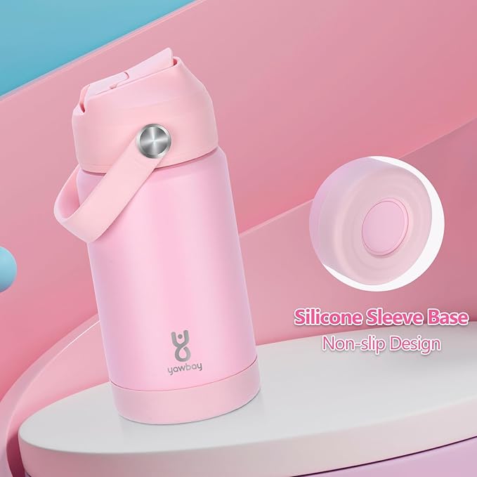 Kids Water Bottle for School 12 oz,Stainless Steel Insulated Water Bottles,Pink Water Bottles for Toddler Girls Boys with Straw Lids & Handle