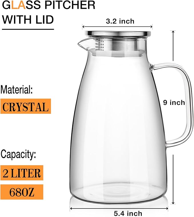 LUNA & MANTHA 2 Liter 68oz Water Pitcher with Handle and Spout, Glass Pitcher with Lid for Fridge, Borosilicate Glass for Sangria, Iced Tea, Juice, Cold/Hot Beverage, Large Jug with 2 Silicone Rings