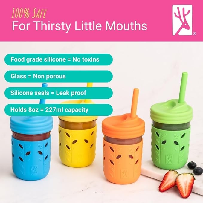 Elk and Friends Kids + Toddler Glass Cups | The Original 8oz Glass Mason Jar with Sleeves + Lids | Silicone Straws + Stopper | Smoothie Cup | Food Storage | Spill Resistant | Dishwasher Safe | 8 Pack