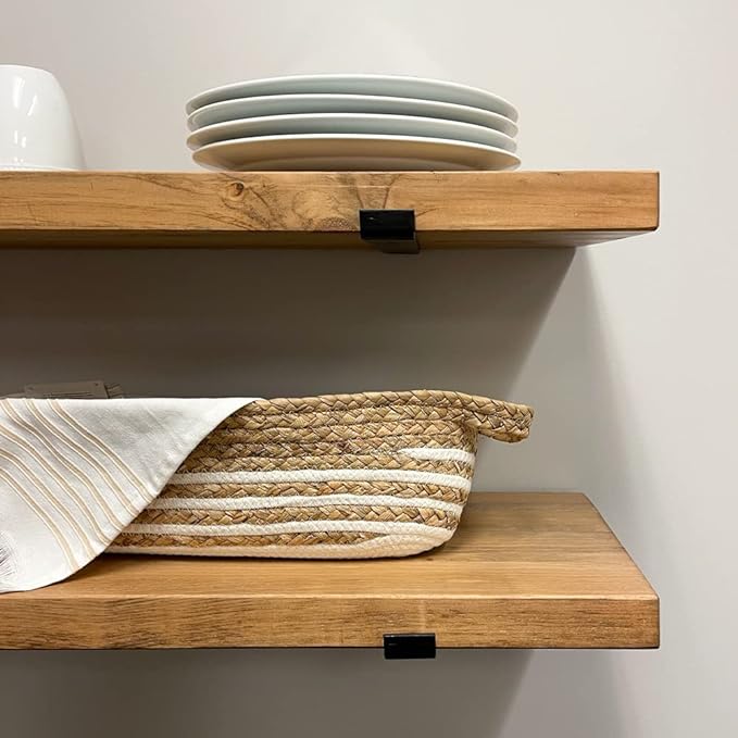 Rustic Shelves with J-Brackets Set of 2, Industrial Shelf, Kitchen Shelves, Solid Wood, Decorative Wall Storage, Heavy Duty, URBANDI (Brown, 24Wx6D)